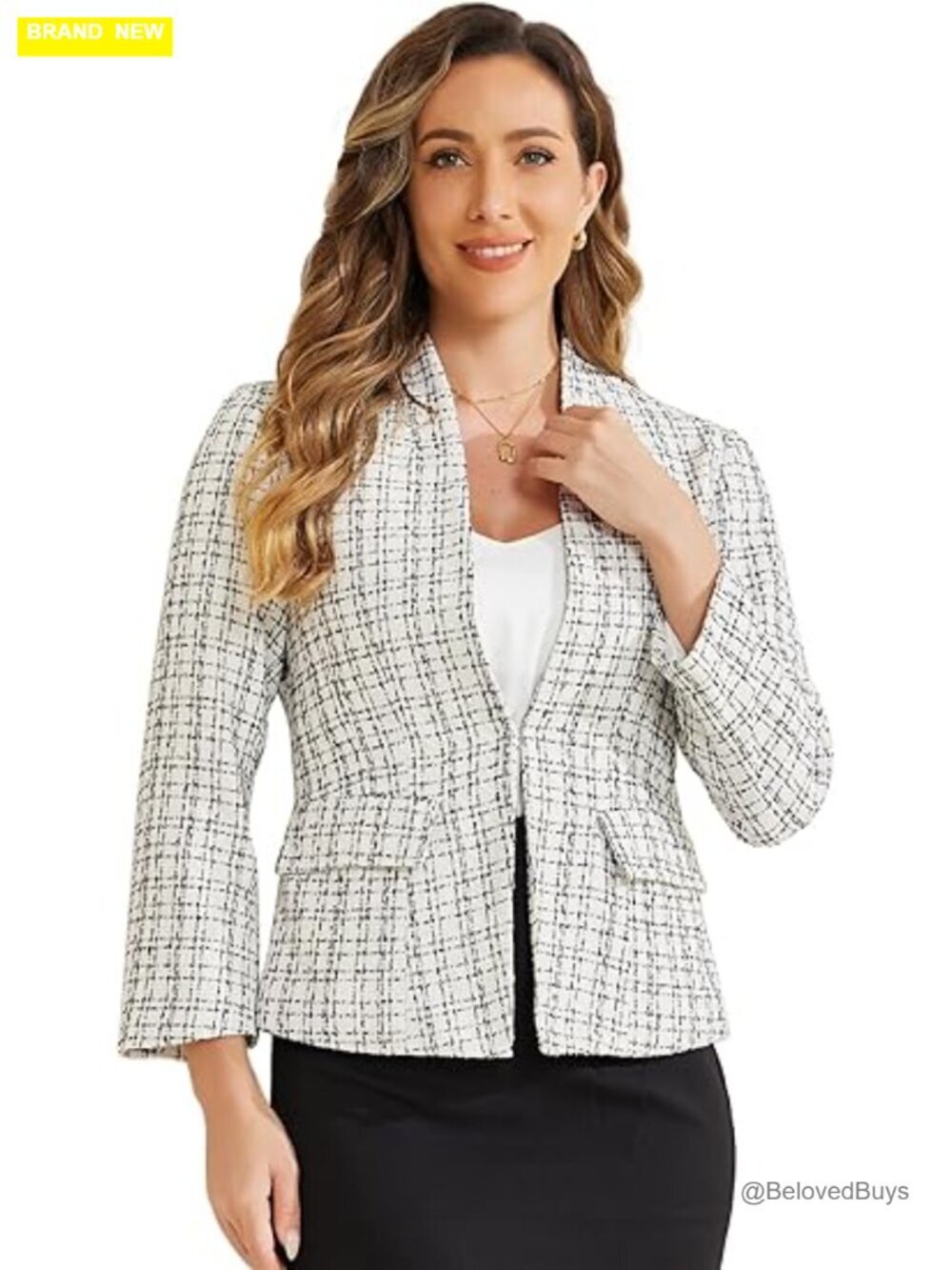 Plaid Tweed Blazer - Open Front Long Sleeve Work Office Jacket